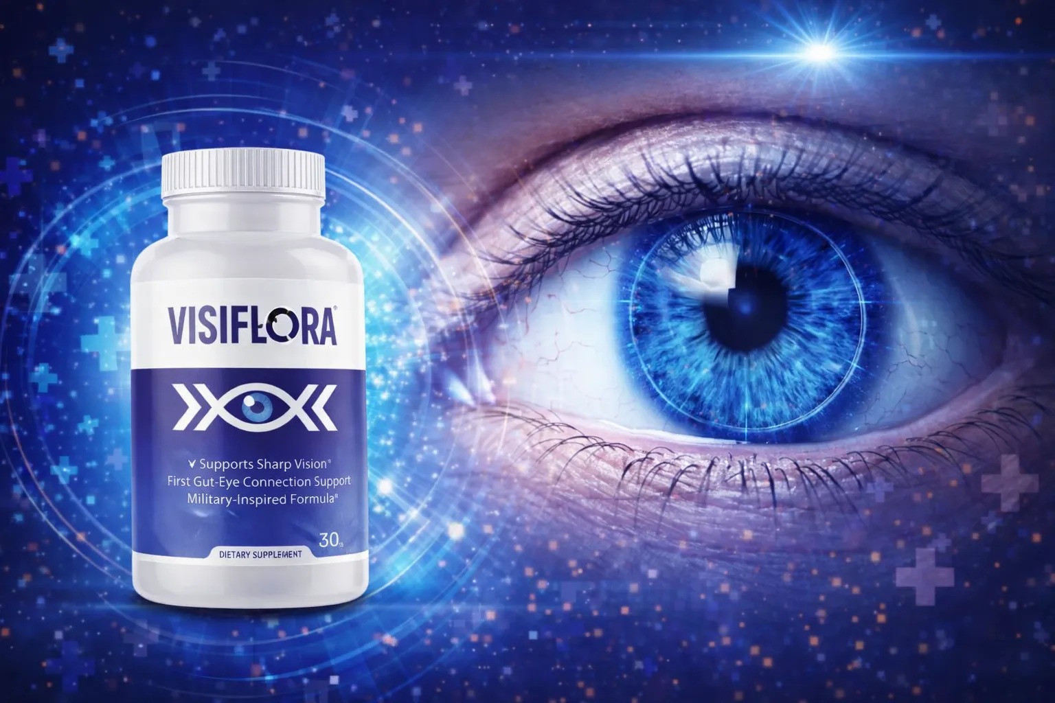 visiflora eye health supplement with blue eye close up showing improved vision clarity and natural vision support formula usa