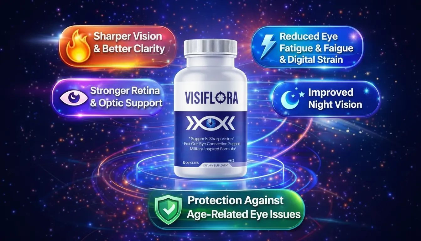VisiFlora vision support infographic. Highlights improved night vision and protection against age-related eye issues. Official VisiFlora product benefits for military-inspired eye health formula.