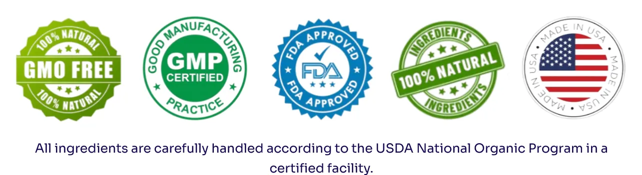 VisiFlora manufacturing certifications: GMO-Free, GMP Certified, FDA Registered Facility, 100% Natural, and Made in USA badges for premium dietary supplement quality.
